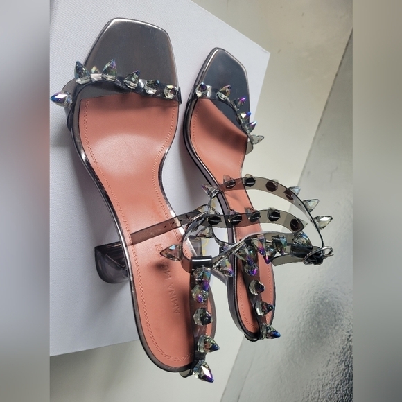 Amina Muaddi Julia Glass Crystal-Spike Clear Sandals Size 9B Dark Grey - Picture 4 of 13